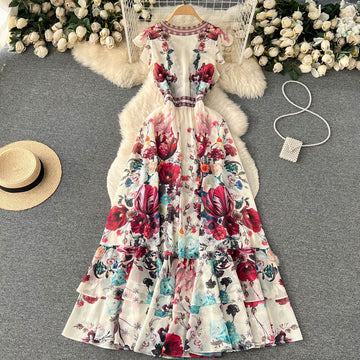 Znbbw Fashion Runway Gorgeous Flower Chiffon Cascading Ruffles Dress Women Deep V Neck Sleeveless Floral Print Boho Robe Vestidos